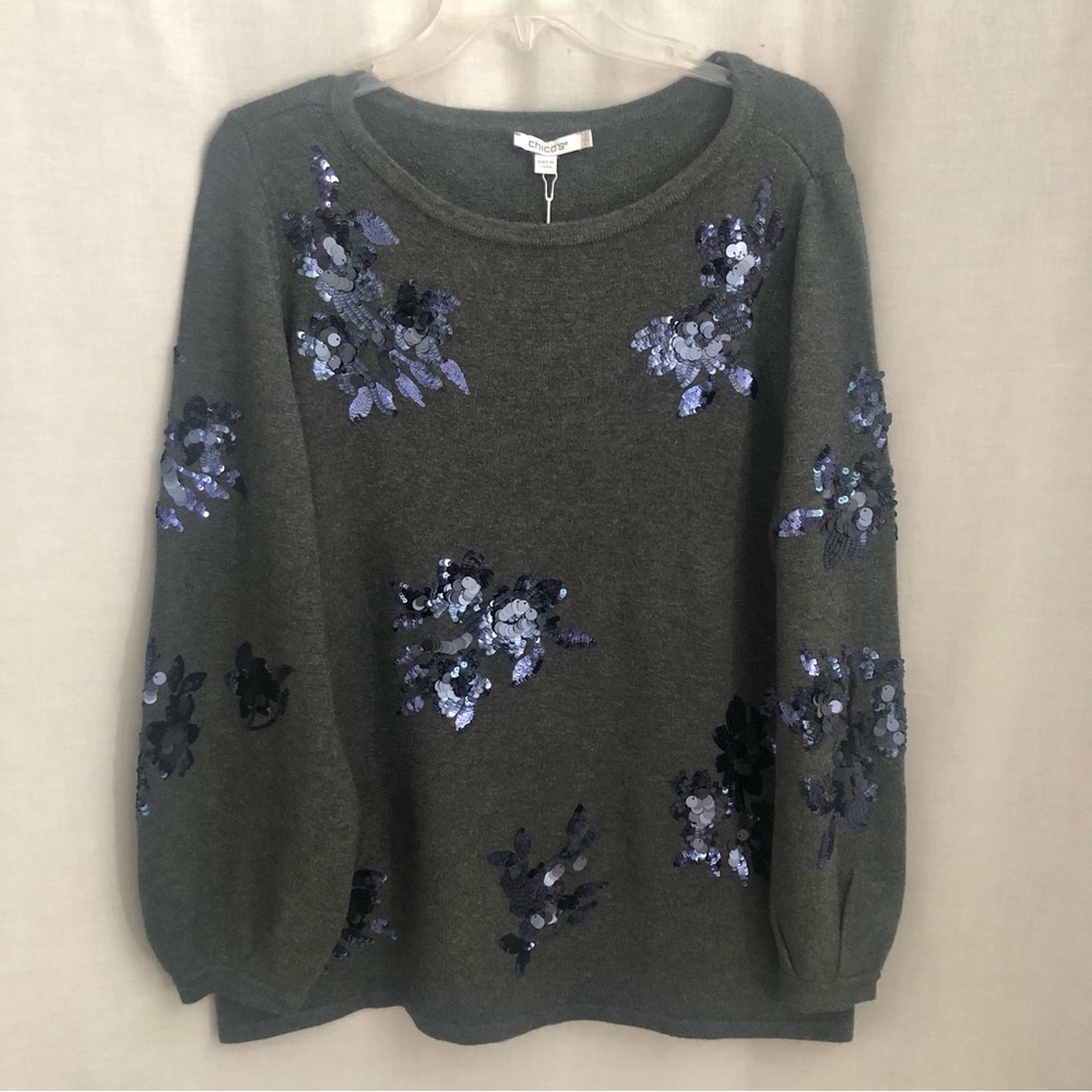 Chico's Random Sequin Sweater Large NWT Graphite Heather Gray & Blue